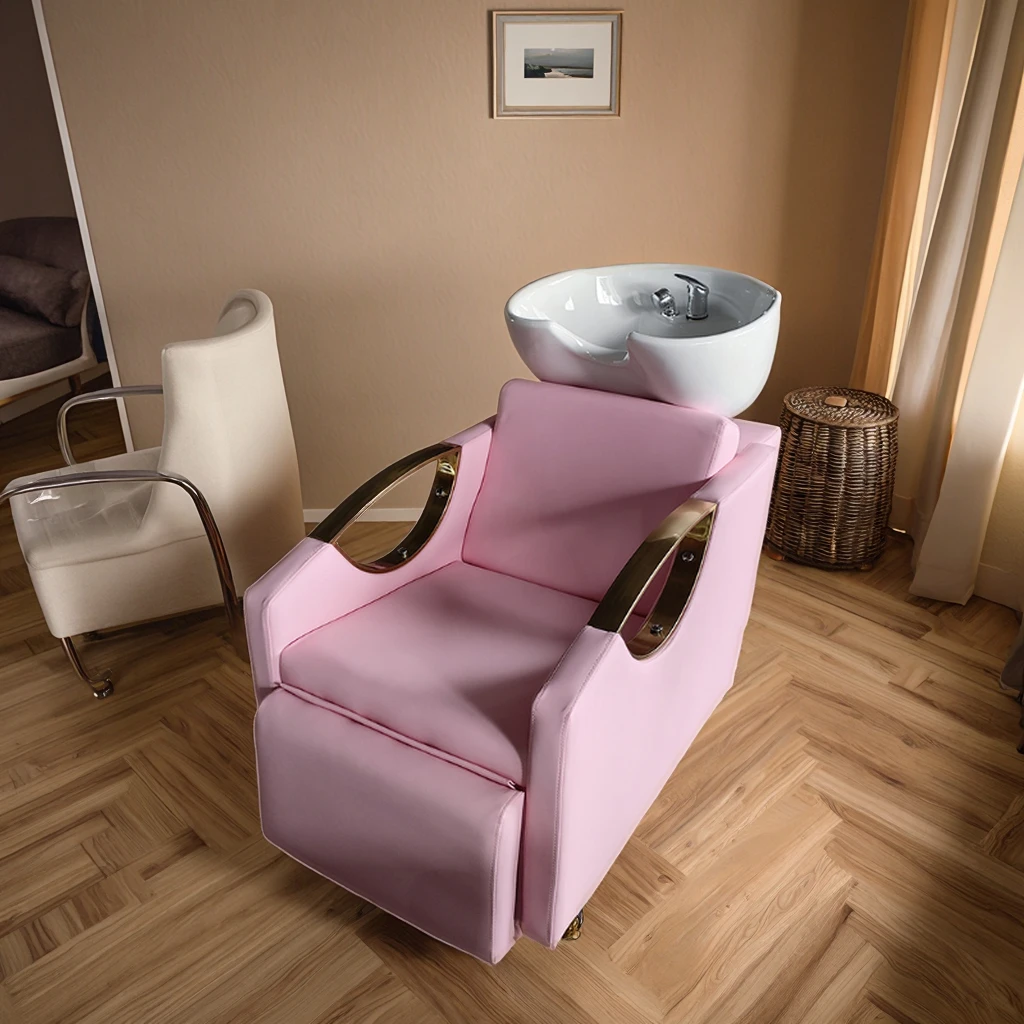 

Pink Classic Massage Shampoo Chair Half Reclining Customizable Color With Footrest Shampoo Bed For Barber Shop