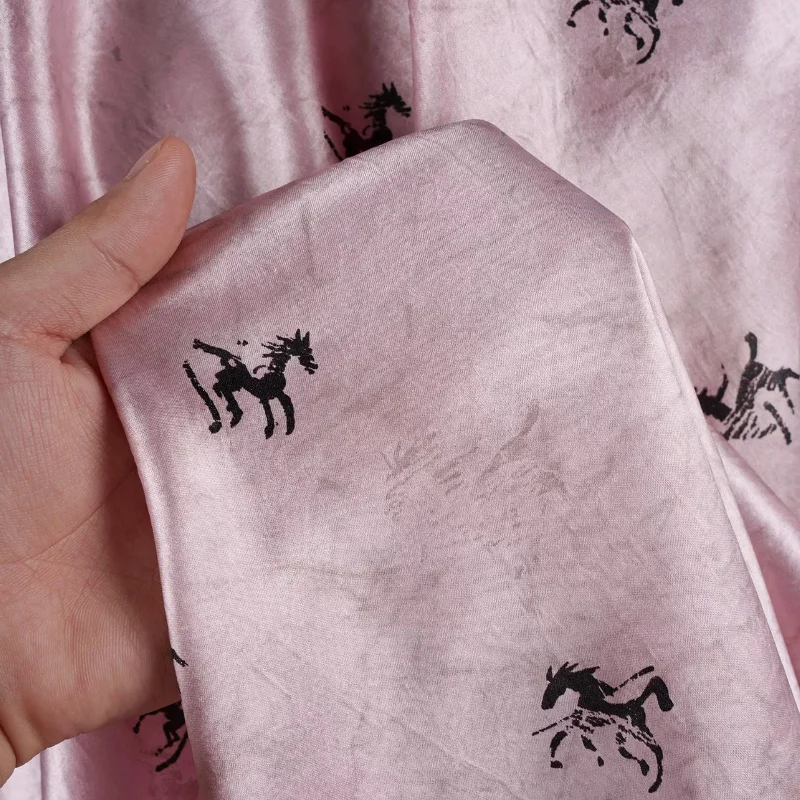 Sakura Pink Fabric Ink Wash Galloping Horse Pure Acetate Satin DIY Qipao Dress Soft Lustrous Smooth Shimmer Sweet Chinese Style