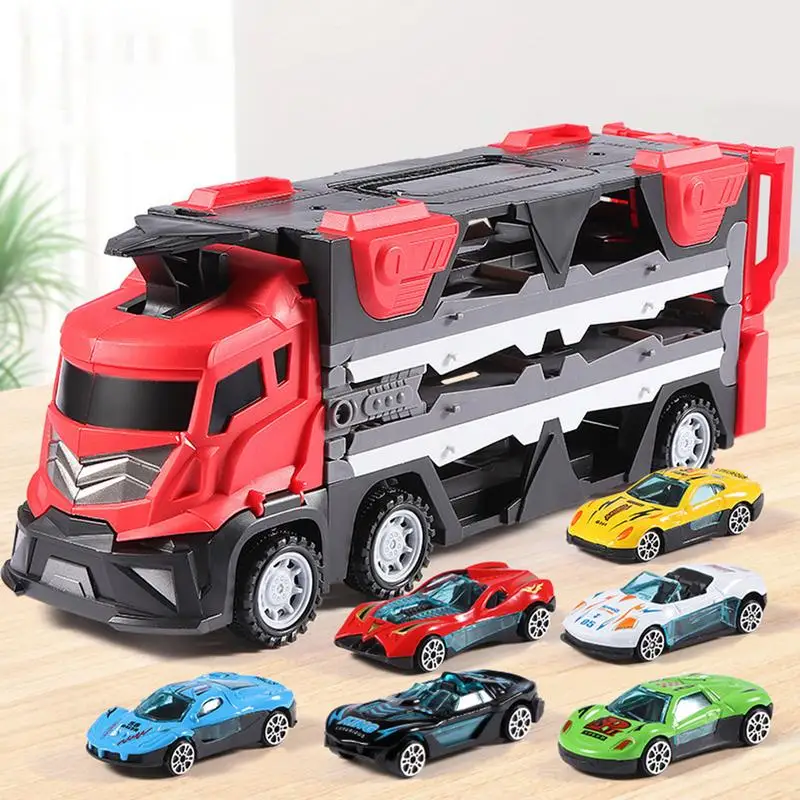 Mega Hauler Truck with Ejection Race Track Foldable Transport Truck Car Toy Deform Catapulting Toy Car Hauler with 6 Racing Cars