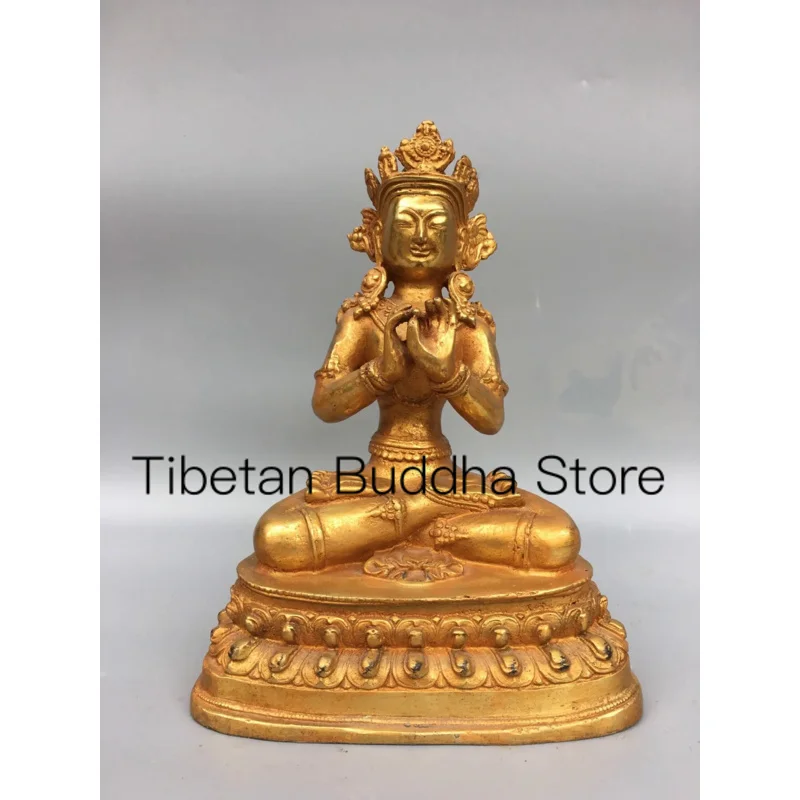 

22cm Nepalese Tibetan Old Yellow Copper Buddha Pure Copper Plated Gold Statue Holding Vajra Tara Bodhisattva Ornament