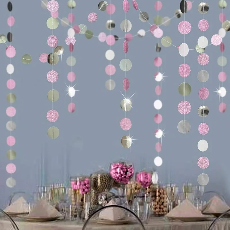 

Glitter Silver Pink Party Decoratoins Circle Dot Garlands Polka Dots Streamer Backdrop Banner for Girls Birthday Party Supplies