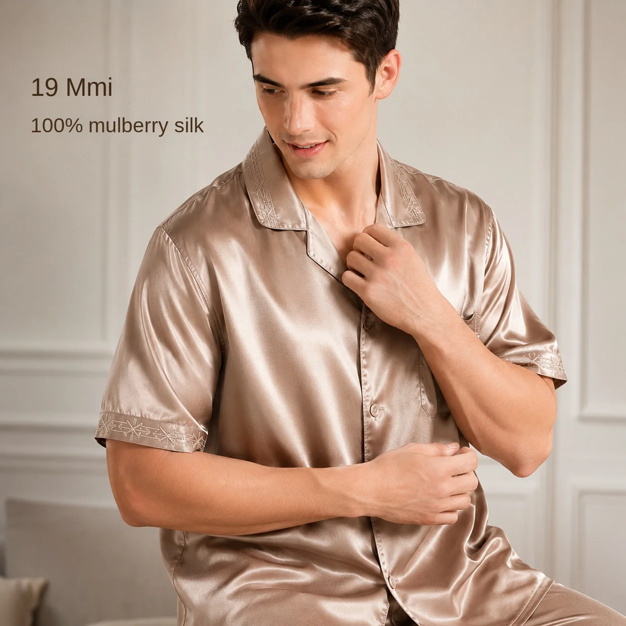 Men Silk Pajamas Set 19 Momme 100% Mulberry Silk Short Sleeve Long Pants Summer Luxury Pyjamas Sleepwear Loungewear