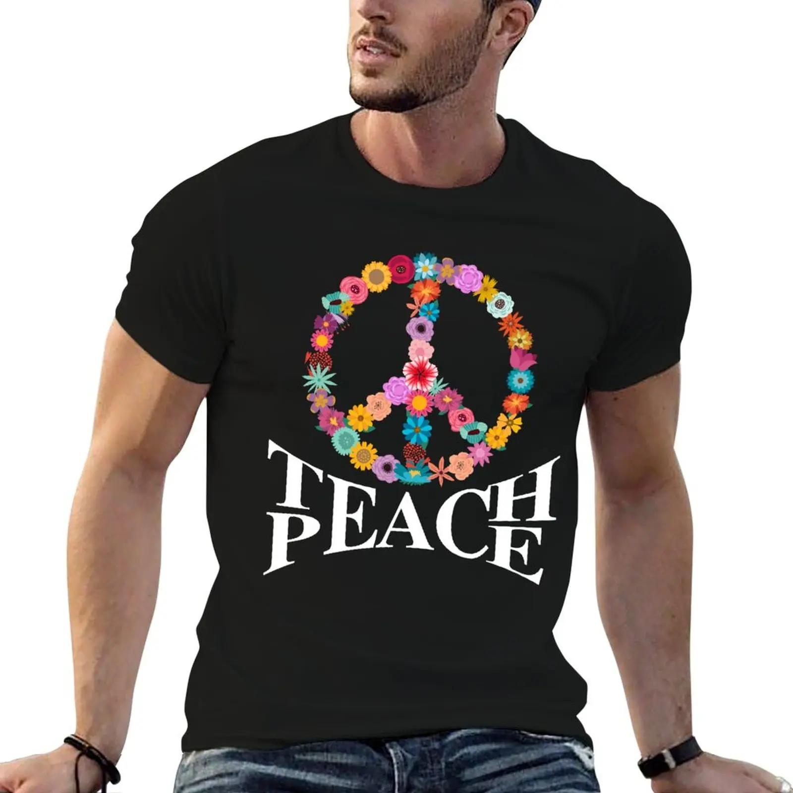 Hippie Flower Teach Peace T-Shirt Basic Simple Casual Short Sleeve Tee