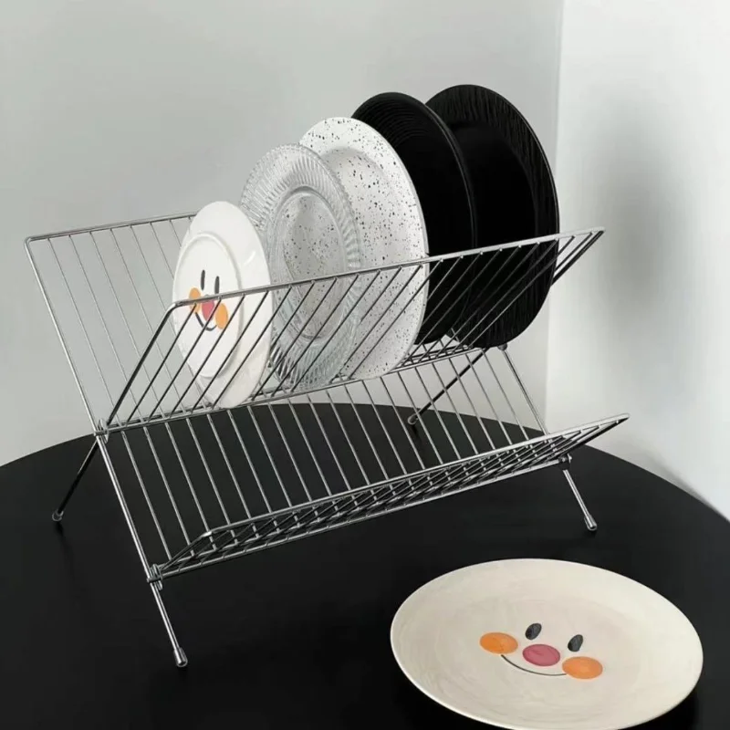 

2 Tier Dish Organizer Kitchen Storage Organization Accessories and Folding Dish Rack Kitchen Dish Drainer Cup