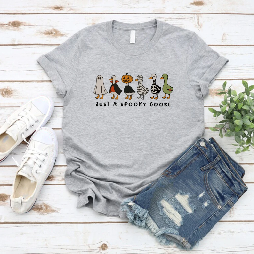 Just A Spooky Goose T-shirt Funny Halloween Goose T Shirt Women Short Sleeve Graphic Tees Spooky Season Tshirt Halloween Gift