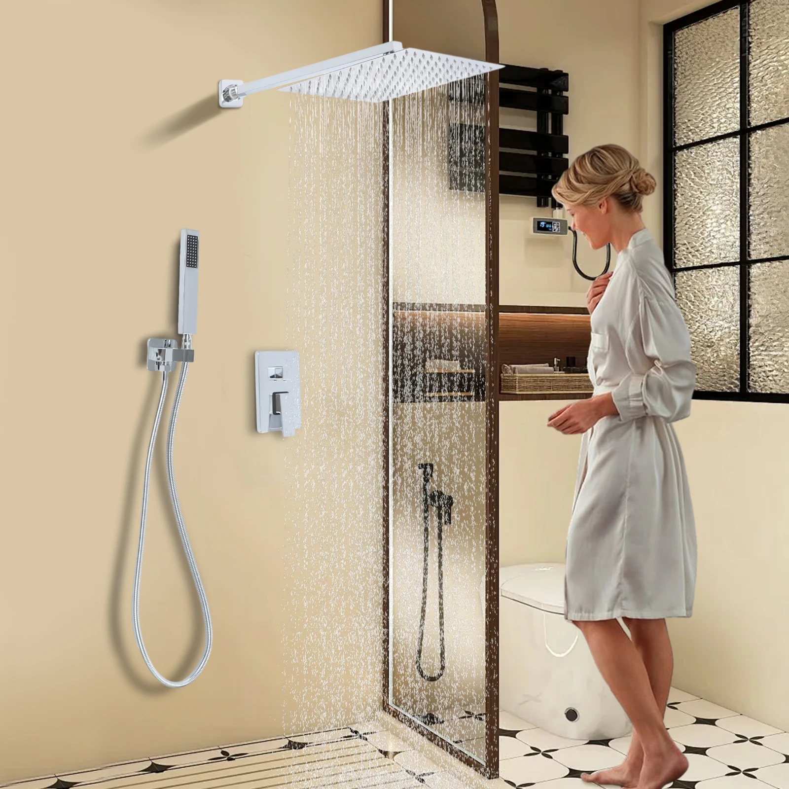 Unterputz-Duschset, wandmontiertes Duschsystem, Badezimmer-Duschset, Silber/Schwarz – Detail 1