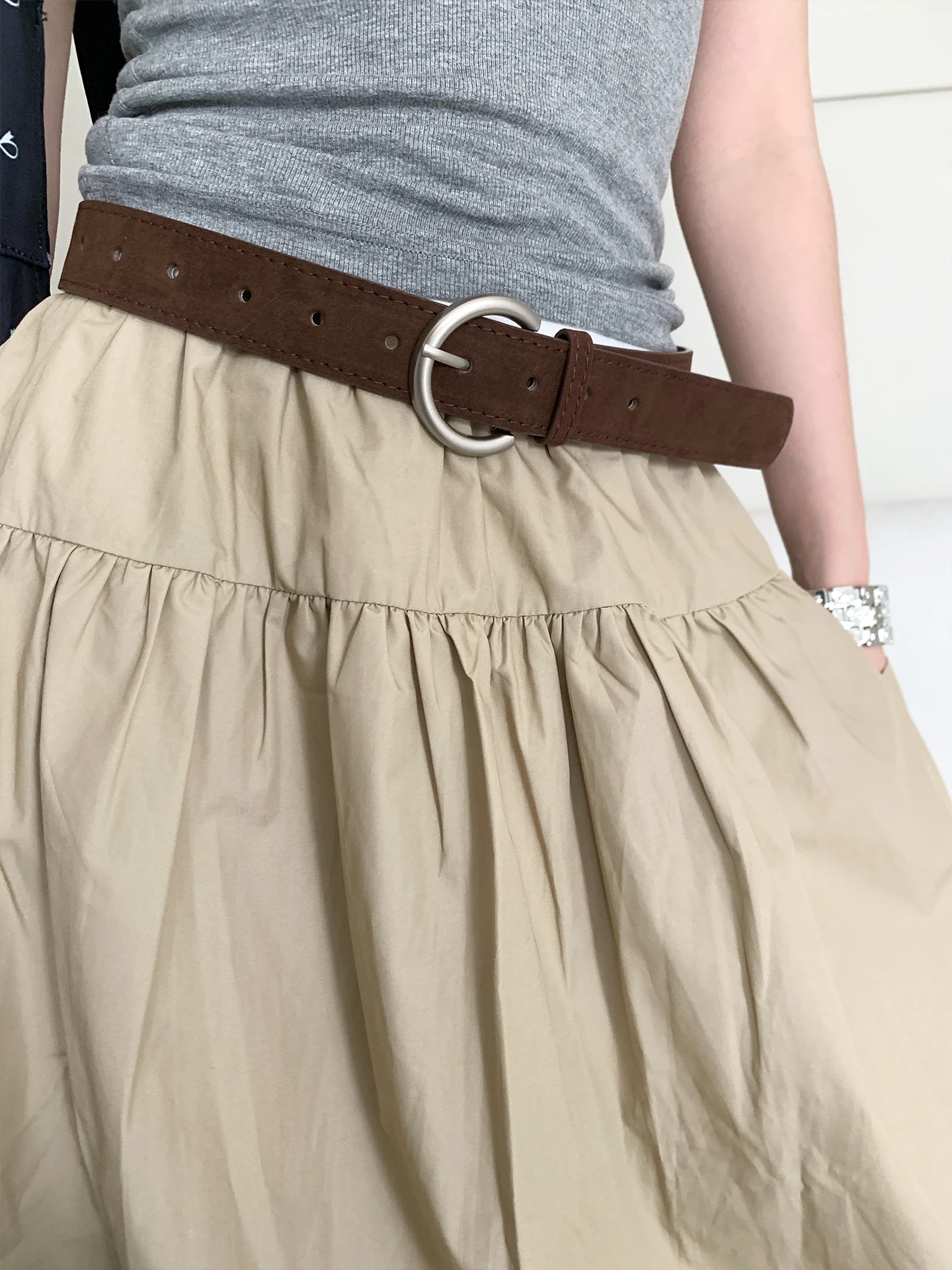 Vintage Coffee Suede Belt Women's Ins Maillard Style Skirt Matching Slimming Leather Belt High-End Waist Accessory