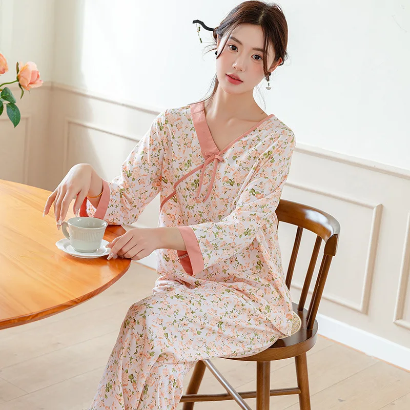 Pajama Women's Spring Autumn New Chinese Household Clothes Outside Wear National Two-piece Middle Aged Mother Pijama Feminino