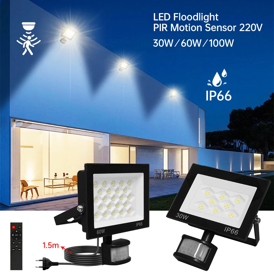 

220V PIR Motion Sensor LED Floodlight 30W 60W 100W Led Spotlight Reflector Outdoor Waterproof Street Light with EU AU UK Plug