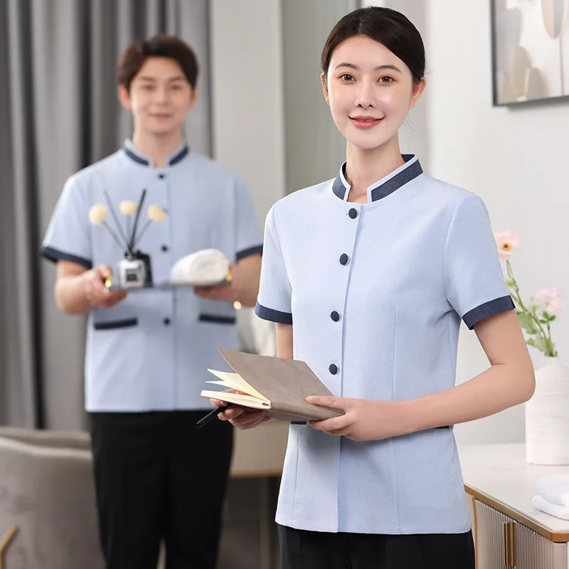 Property Land Hotel Spring and Summer Clothing Guest Room Hotel Cleaner Aunt Large Size Cleaning Work Clothes Short Sleeve Outer