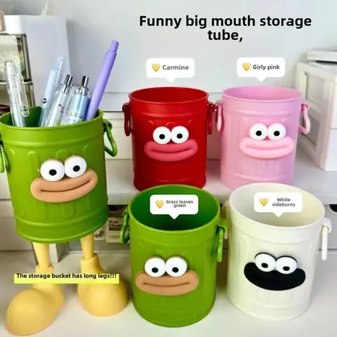 Big mouth plastic pencil holder with letter stickers Long legged desk cute funny pencil holder DIY Arbitrary combination