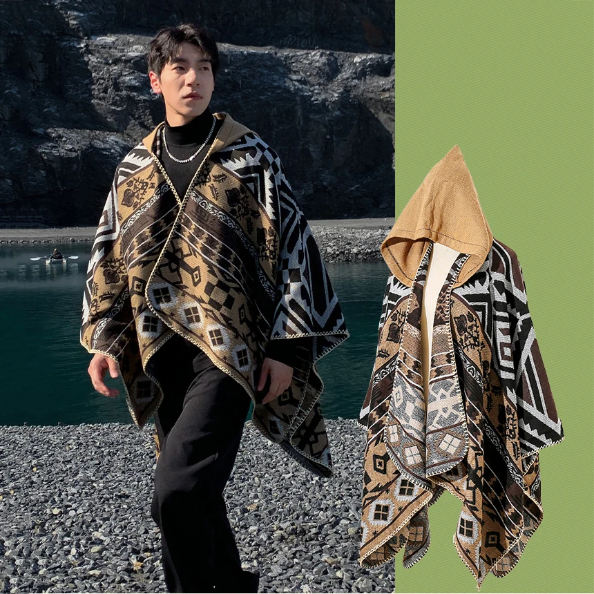

Fashion Vintage Bohemian Style Big Poncho Hood Unisex Autumn Winter Acrylic Cashmere Coat Cape Summer Travel Camping Cloak