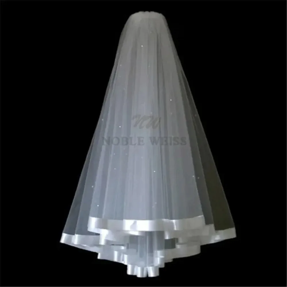 2T Short Pearl Wedding Veil Ribbon Edge Bridal Veils With Comb Customized