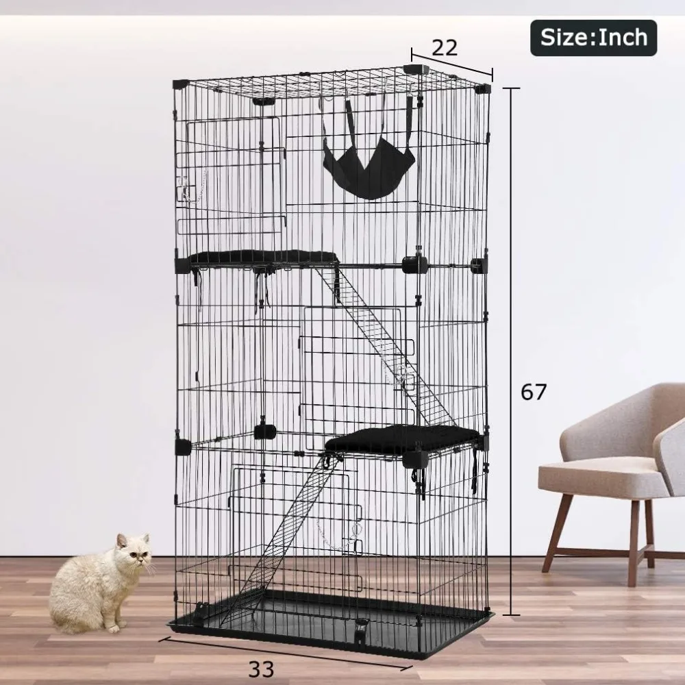 3-Tier 67 Inch Cat Cage Enclosre Crate Ferret Cage Kennel Cat Playpen with Free hammock 3 Cat Bed 3 Front Doors