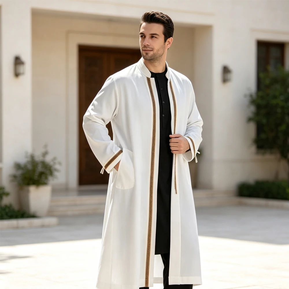 Men Muslim Open Front Thobe Long Robe Stand Collar Abaya Long Sleeve Pockets Islamic Arabic Jubba Ramadan Casual Prayer Outfit