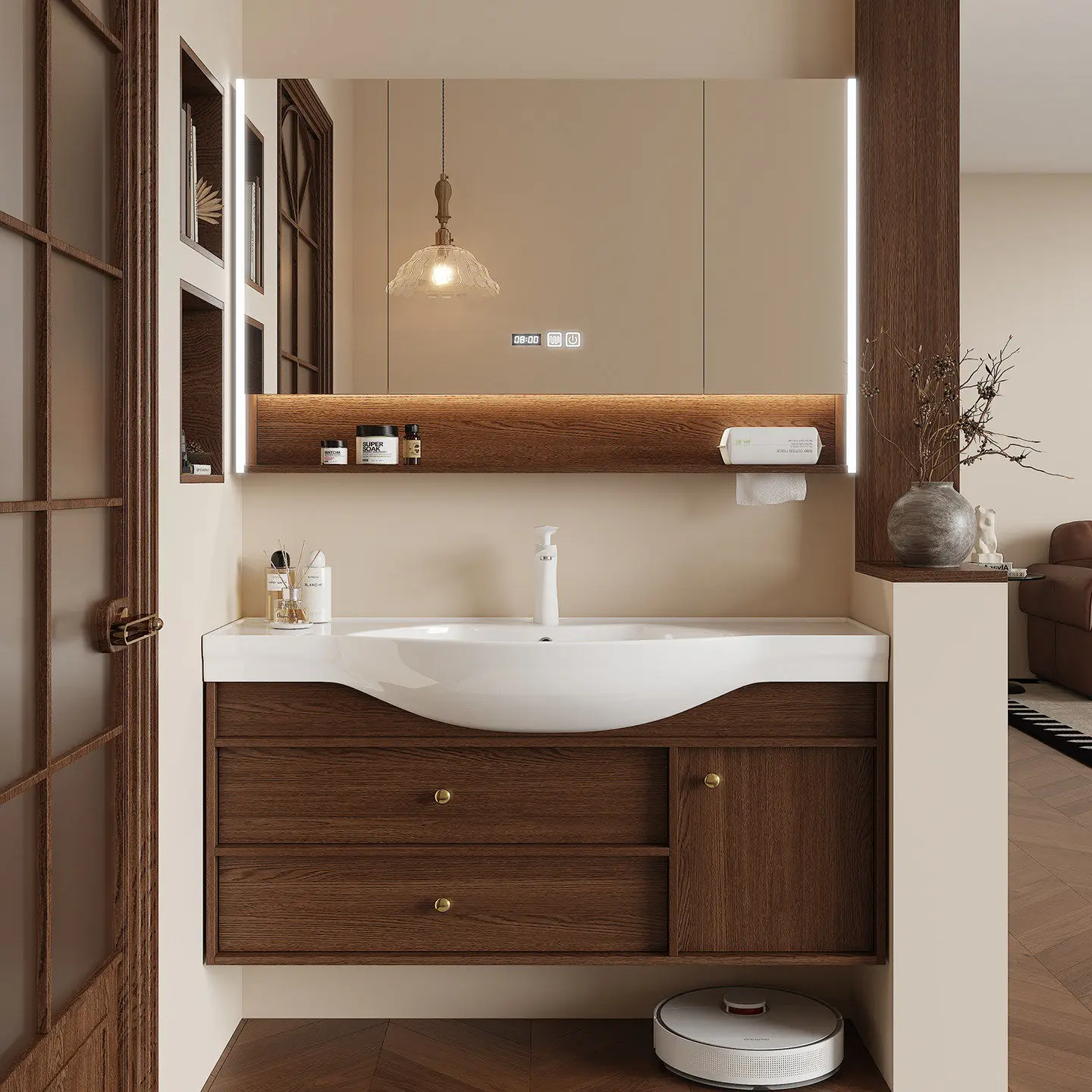 

Narrow-sided ceramic integrated basin, medium antique bathroom cabinet combination, big belly basin, very narrow washing table