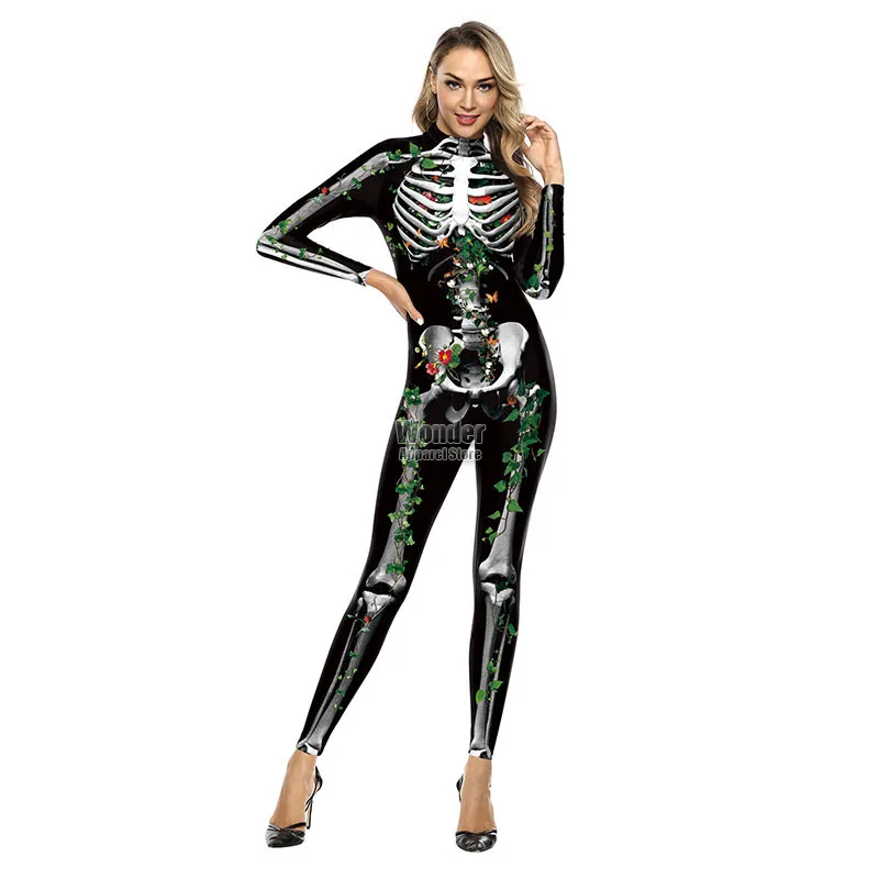 Women Men Flowers  Skull Body Skeleton 3D Printing Jumpsuit Adult Halloween Cosplay Costumes Party Role Playing Dress Up Outfit