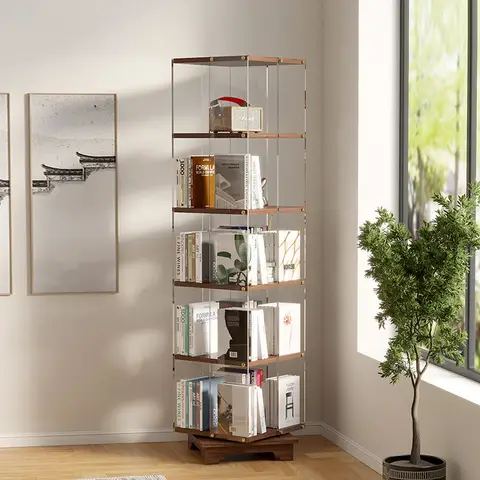 Bibliothèque rotative en acrylique à 360 degrés, pour salon TV à côté de l'étagère de rangement, bibliothèque mobile multicouche en bois massif