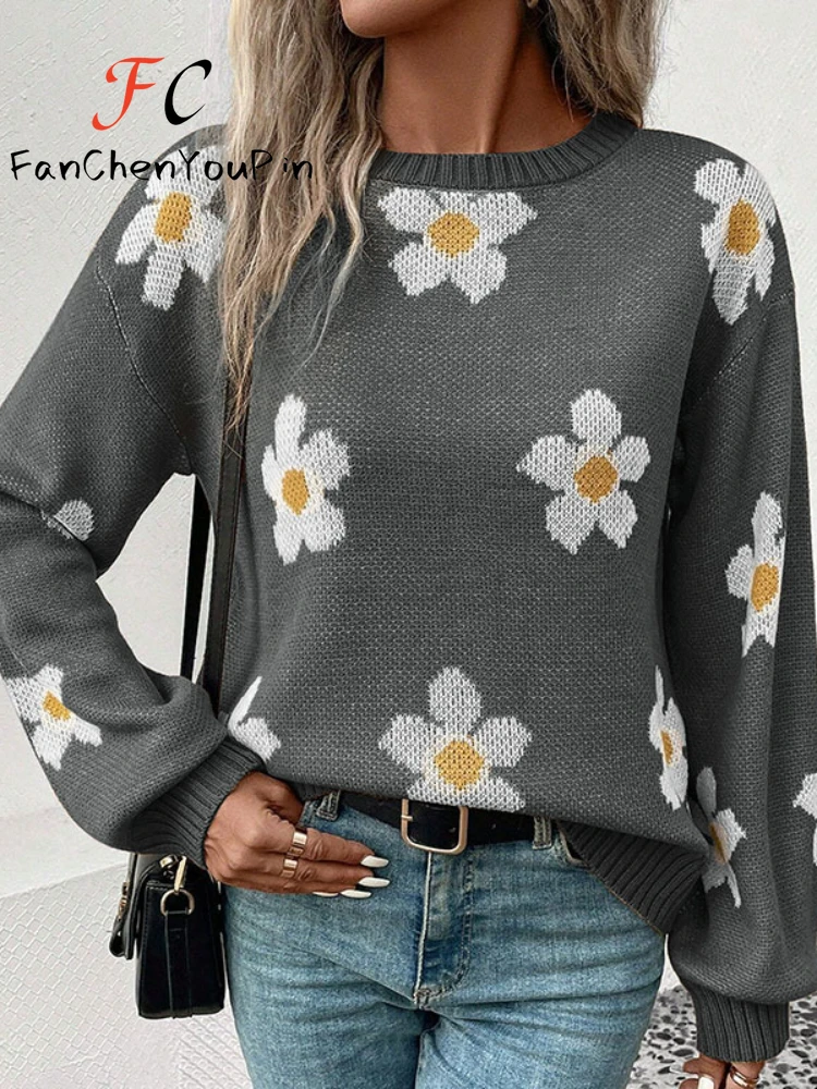 Otoño Invierno nuevo suéter de mujer moda cuello redondo manga larga Top de punto Casual elegante Floral holgado exquisito jersey femenino