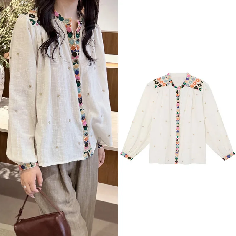 

Withered 2026 Summer Shoulder Diamond Embroidered Colorful Small Flower Round Neck Sunscreen Sleeve Shirt Woman Clothes Shirts
