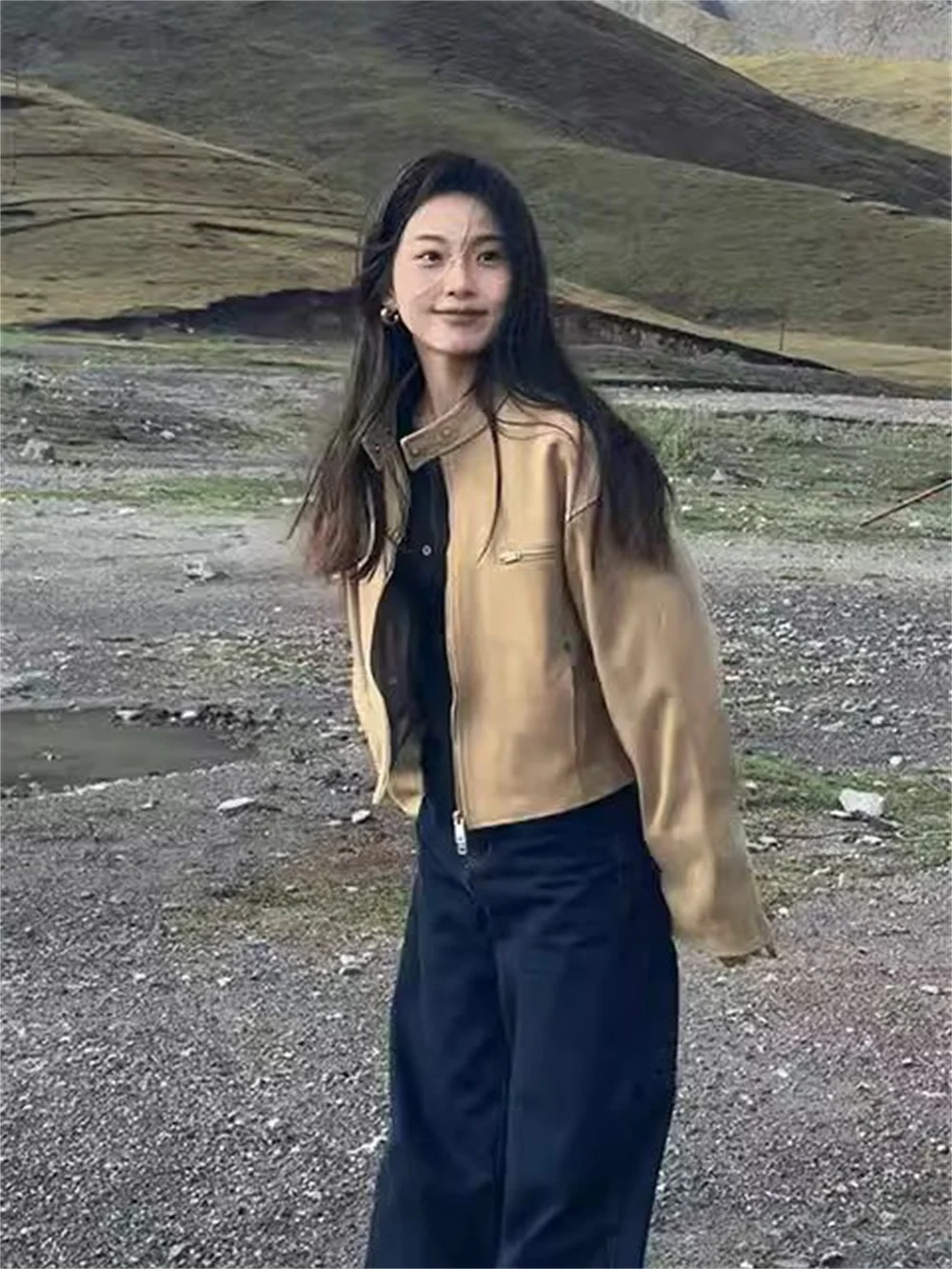 Chaqueta versátil de moda caqui Retro americana para mujer en primavera 2025, nueva chaqueta de estilo callejero para motocicleta, Top de moda