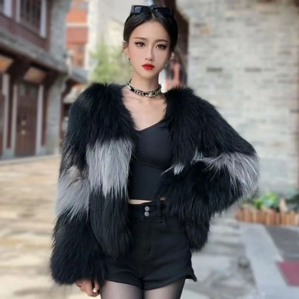 Spring and autumn new 100% real raccoon hair double-sided knitted women\'s luxury long front knitted two-color clothing