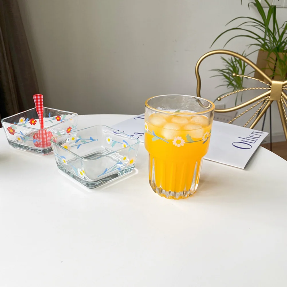 

4Pcs Daisy Pattern Pastoral Style Glass Cup Transparent Coffee Beverage Cups for Juice Milk Tea Cups Drinking Cup