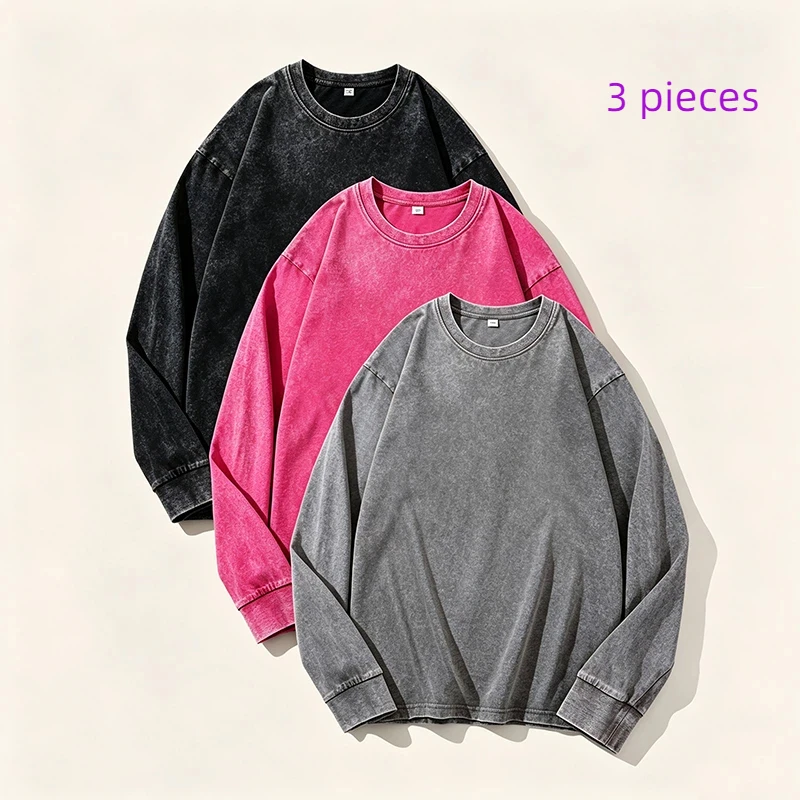 3 Pieces Y2K Fashion Mens Streetwear Black T Shirt Autumn New Washed Cotton Vintage Solid O Collared Long Sleeve T Shirt For Men
