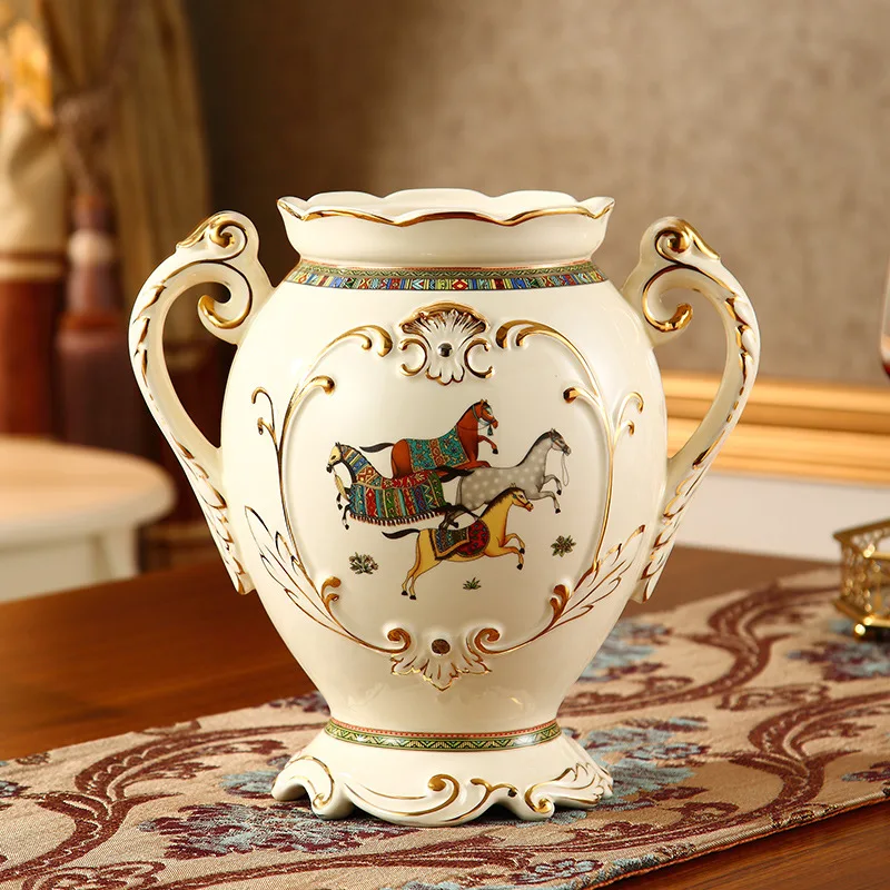 Factory Direct 2026 European ceramic vase ornaments, living room TV cabinet corner table arrangements, dried flowers, luxury Ame