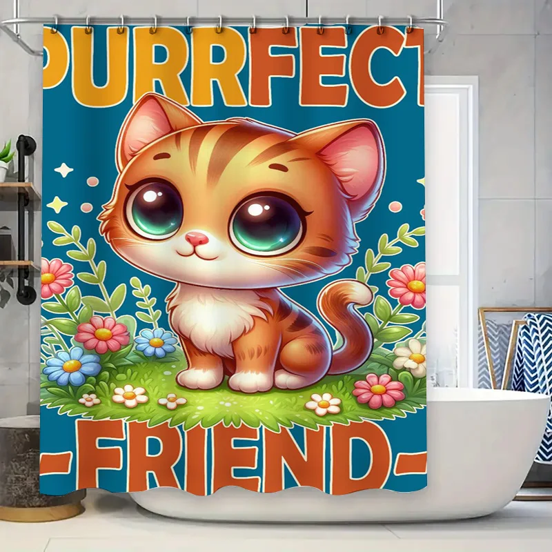 

Занавеска для душа с милым мультяшным котом, оранжевый принт с котенком, домашний декор, водонепроницаемый коврик для ванной, набор для детской ванной комнаты, идеальный подарок (180x240 см