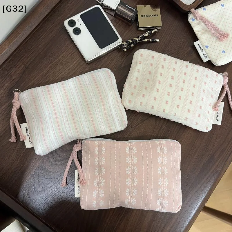 Stripe Dot Cotton Storage Pouch Zipper Coin Purse Portable Cosmetic Bag For Lipstick Earphone Sanitary Travel Organizer[G32]