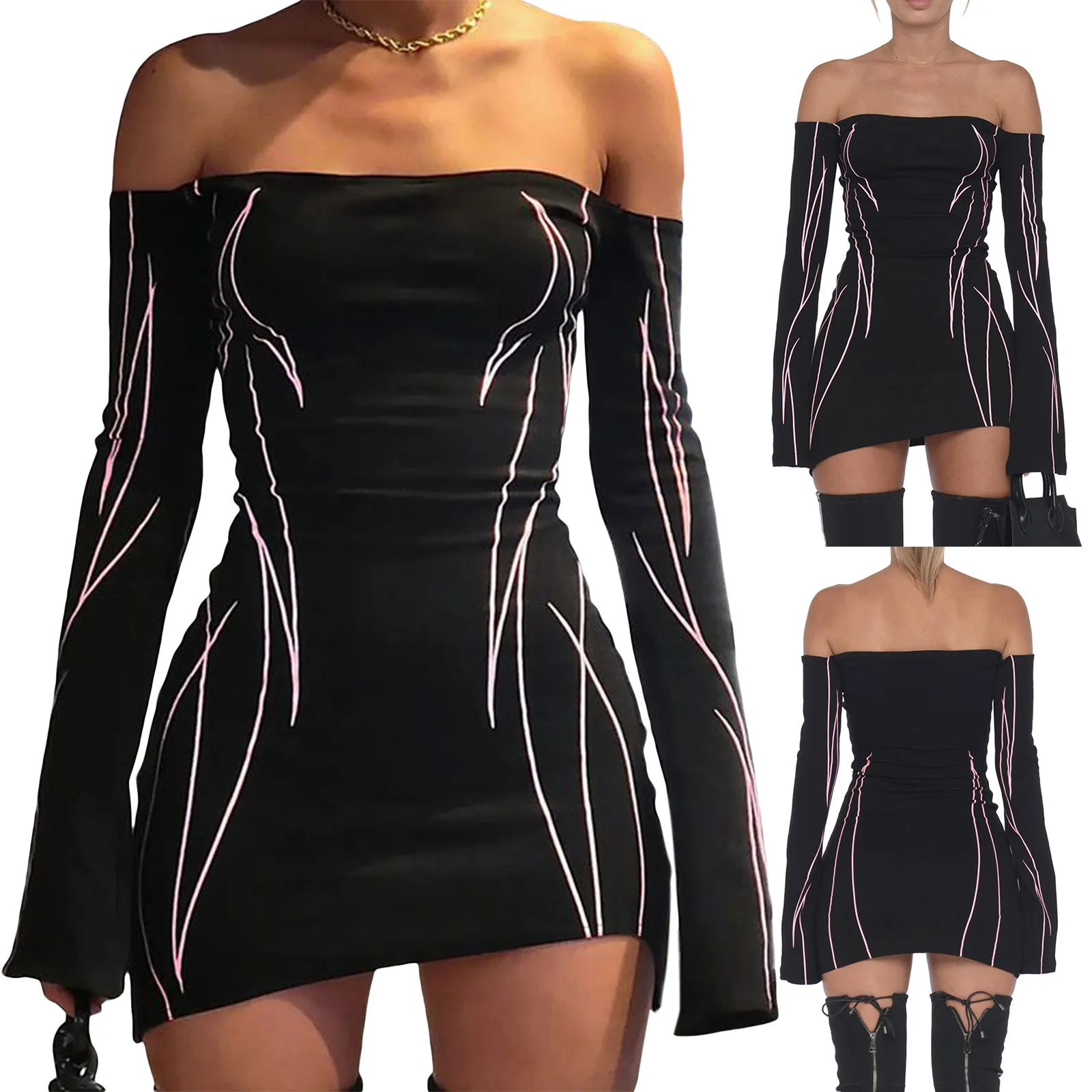 

Горячее женское тонкое облегающее мини-платье Y2k, черное клубное платье с открытыми плечами и длинными рукавами с готическим принтом, уличная одежда