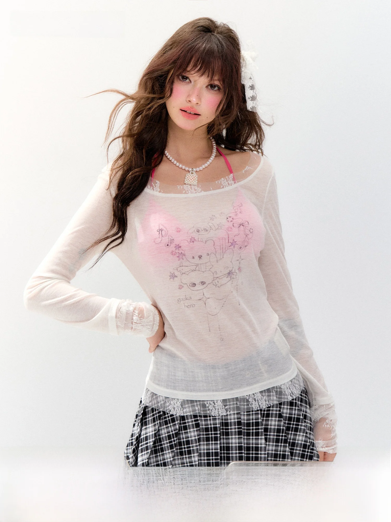 Guukahero Lace Splice Knitted Long Sleeve T-Shirt Women Sexy See-through Spicy Cover-up One-Shoulder Mid-length Top
