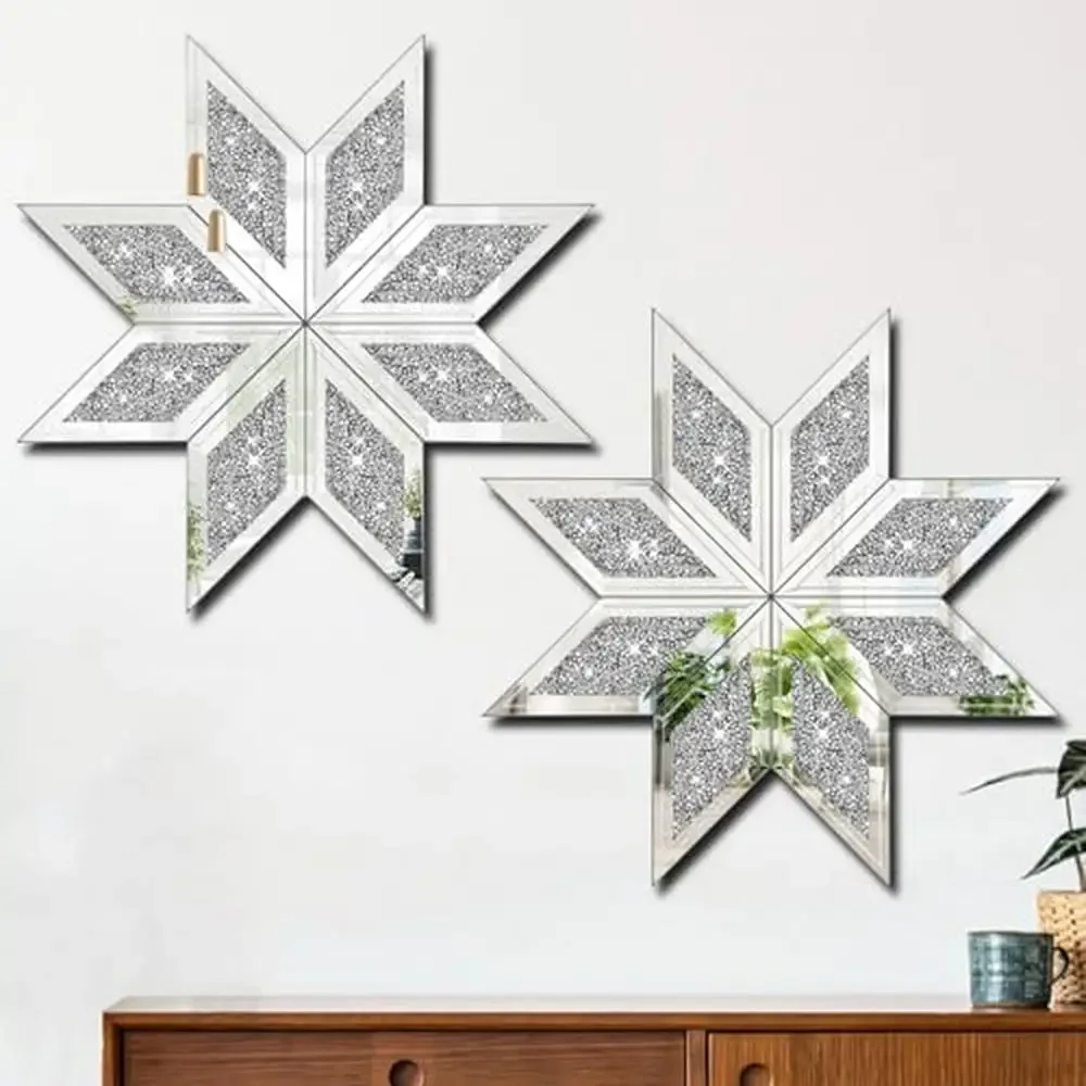 

Crushed Diamond Decorative Wall Mirror Set Living Room Bedroom Bathroom Office Silver Sparkling Shimmering Snowflake Design