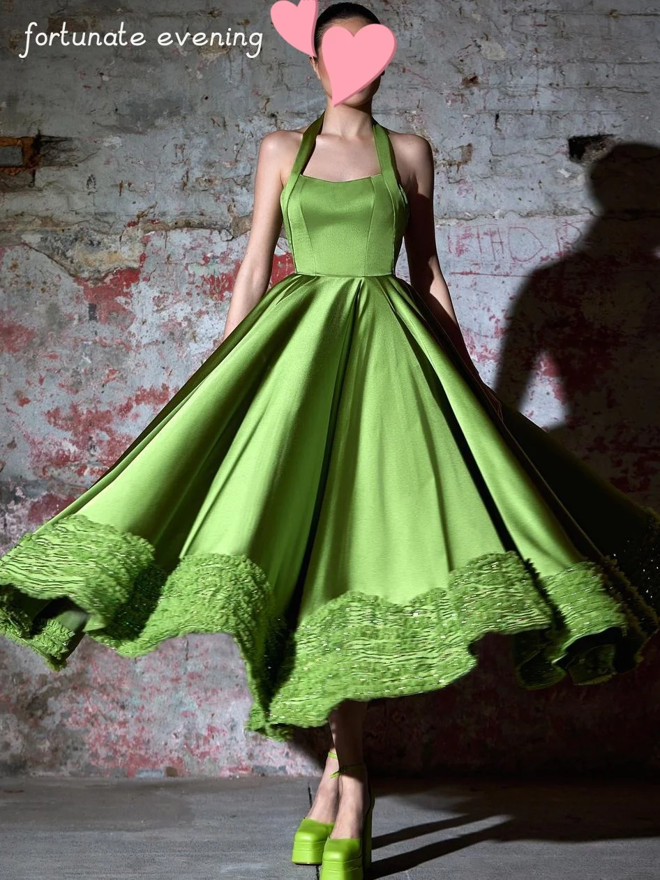 Fortunate Evening Elegant Vintage Green Sweet Sexy Backless Ruffle A-Line Formal Occasion Prom Dress Evening Party Gowns