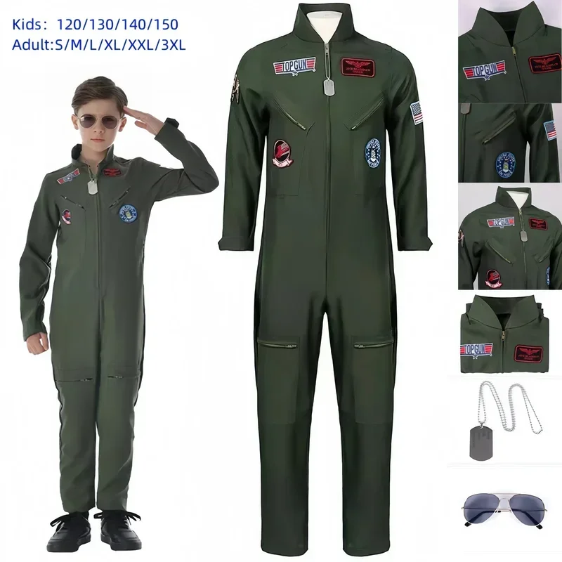 Adult Kids Pilot Costume Top Gun Flight Suit Roleplay with Aviator Accessories Men Army Green Pilot Jumpsuit