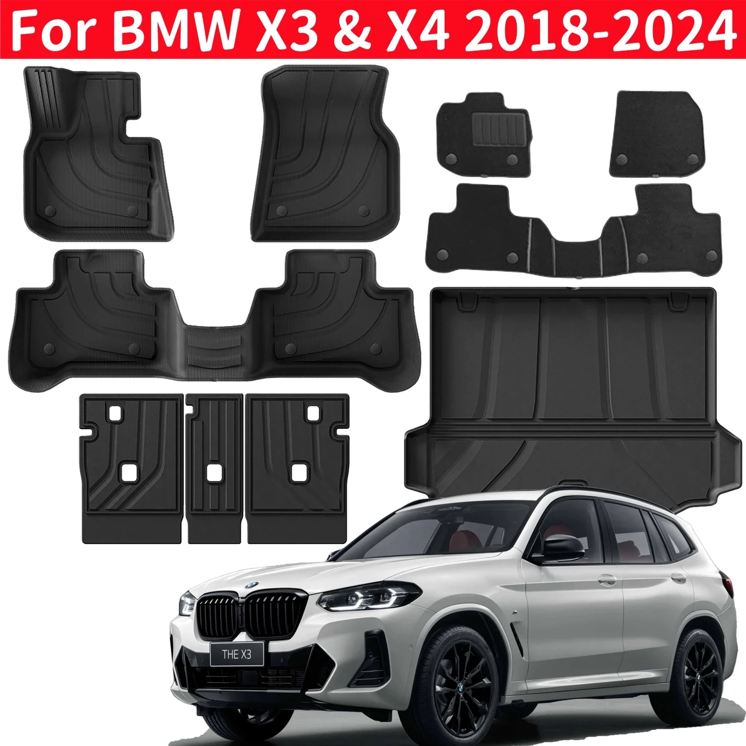 

For BMW X3 & X4 2018-2024 (NOT 2025) TPE Floor Mats & Cargo Liner, All Weather Floor Liner 2nd Row Backrest Mats Trunk Mat