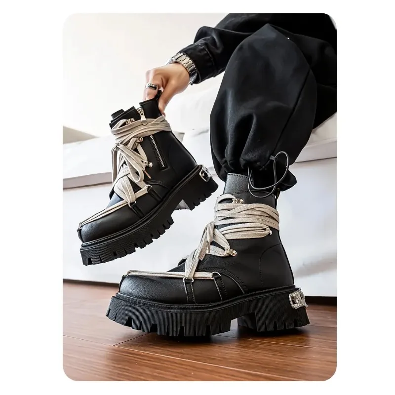 Męskie botki na platformie, modne, z personalizowanym paskiem, markowe buty wysokiej jakości, motocyklowe, codzienne, outdoorowe, zapinane na zamek.