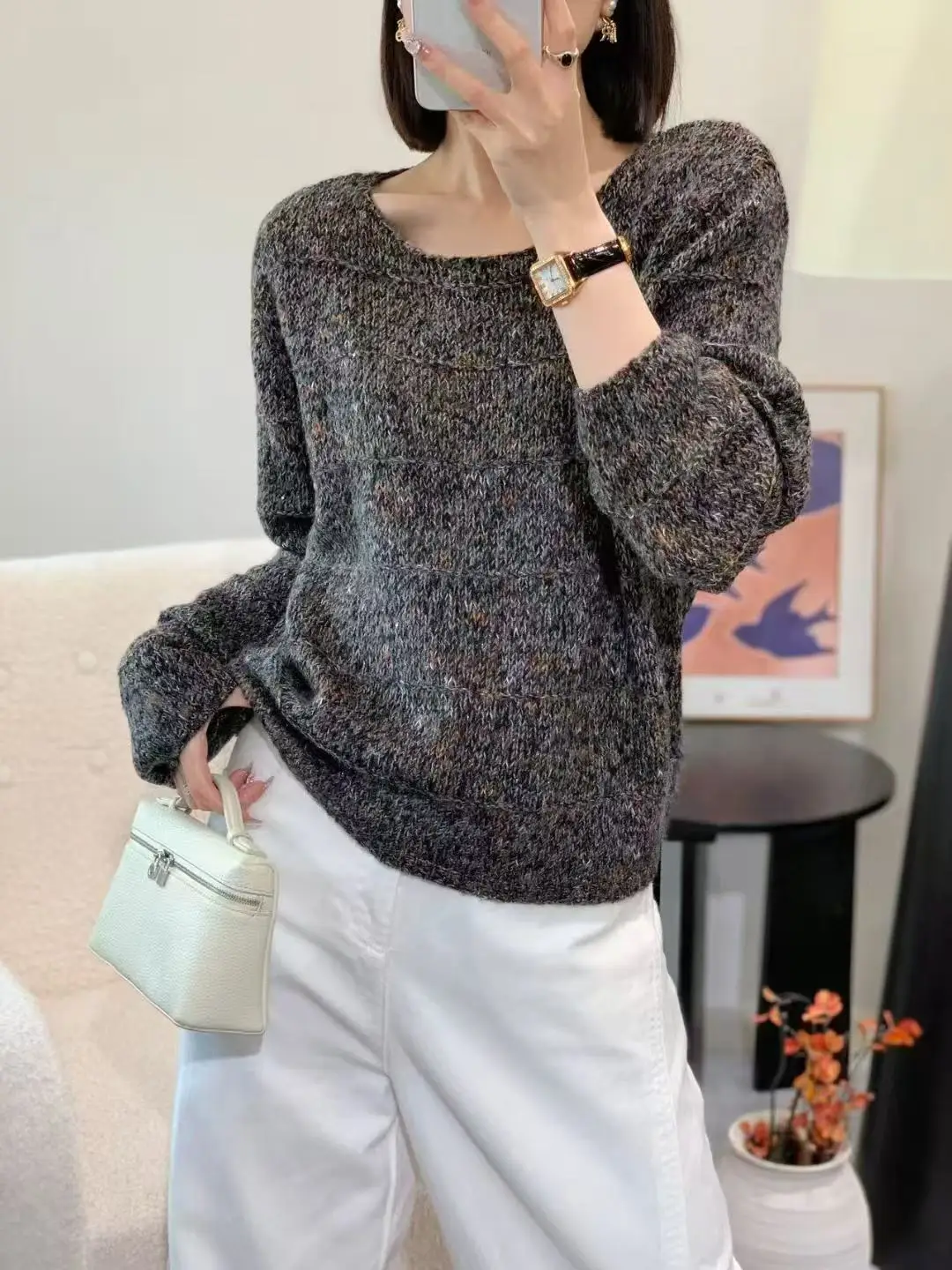 Retro Mixed Floral Woolen Knitted Sweater Women's Lazy Loose Long Sleeve One-Shoulder Overhead Soft Comfortable Knitwear