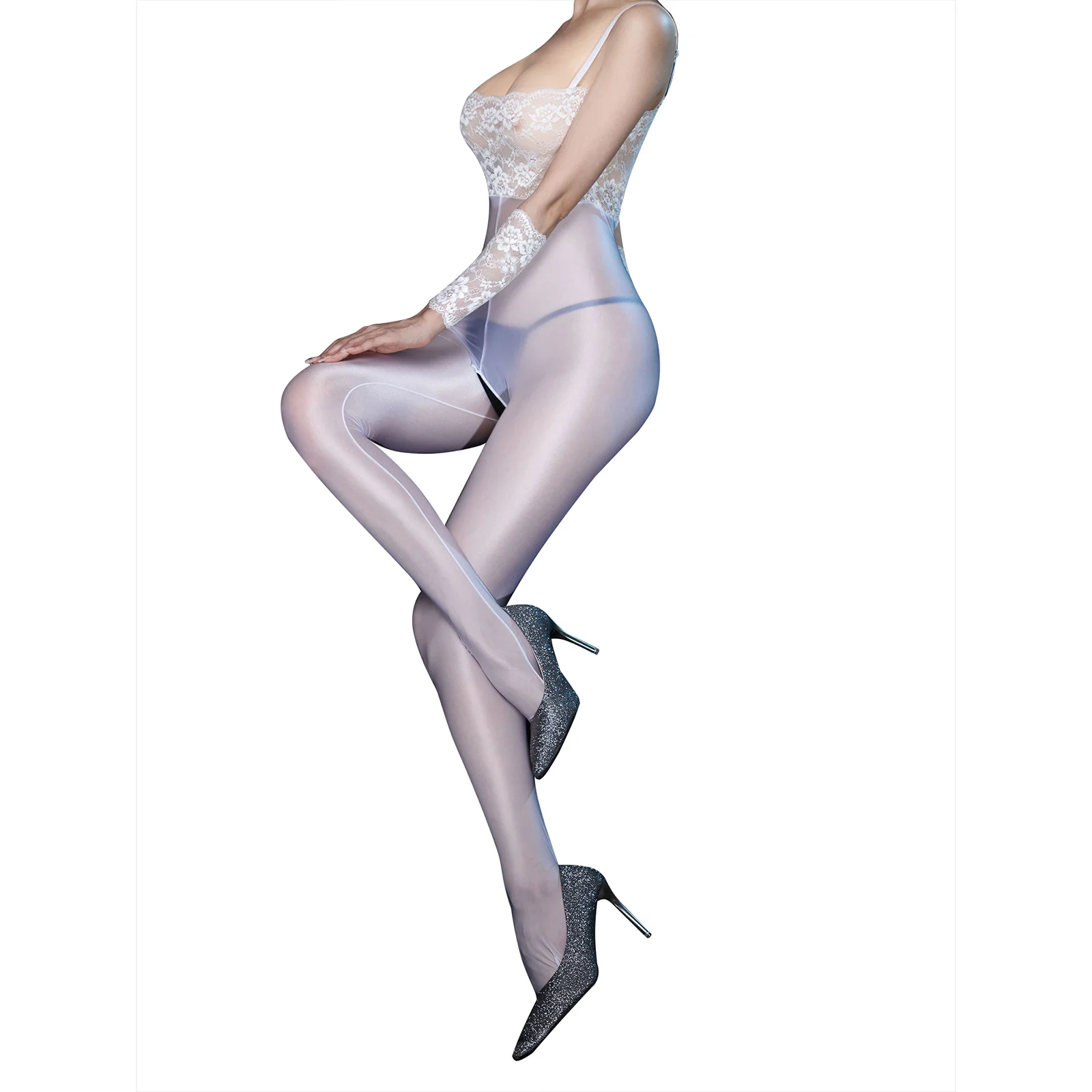 Sexy Womens See Through Bodysuit with Gloves Lace Top Exotic Open Crotch Pantyhose Sling Bodysuit Bunny Lingerie Set Nightwear