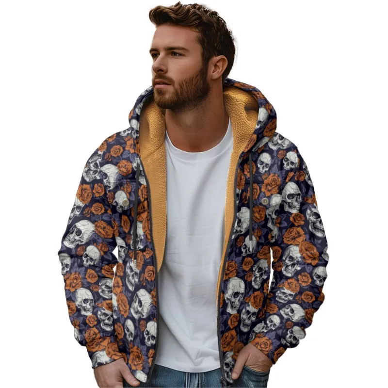 Men's Skull Pattern Fleece Long Sleeve Zipper Hoodies Parkas Coat Jacket Fashion Outerwear Streetwear