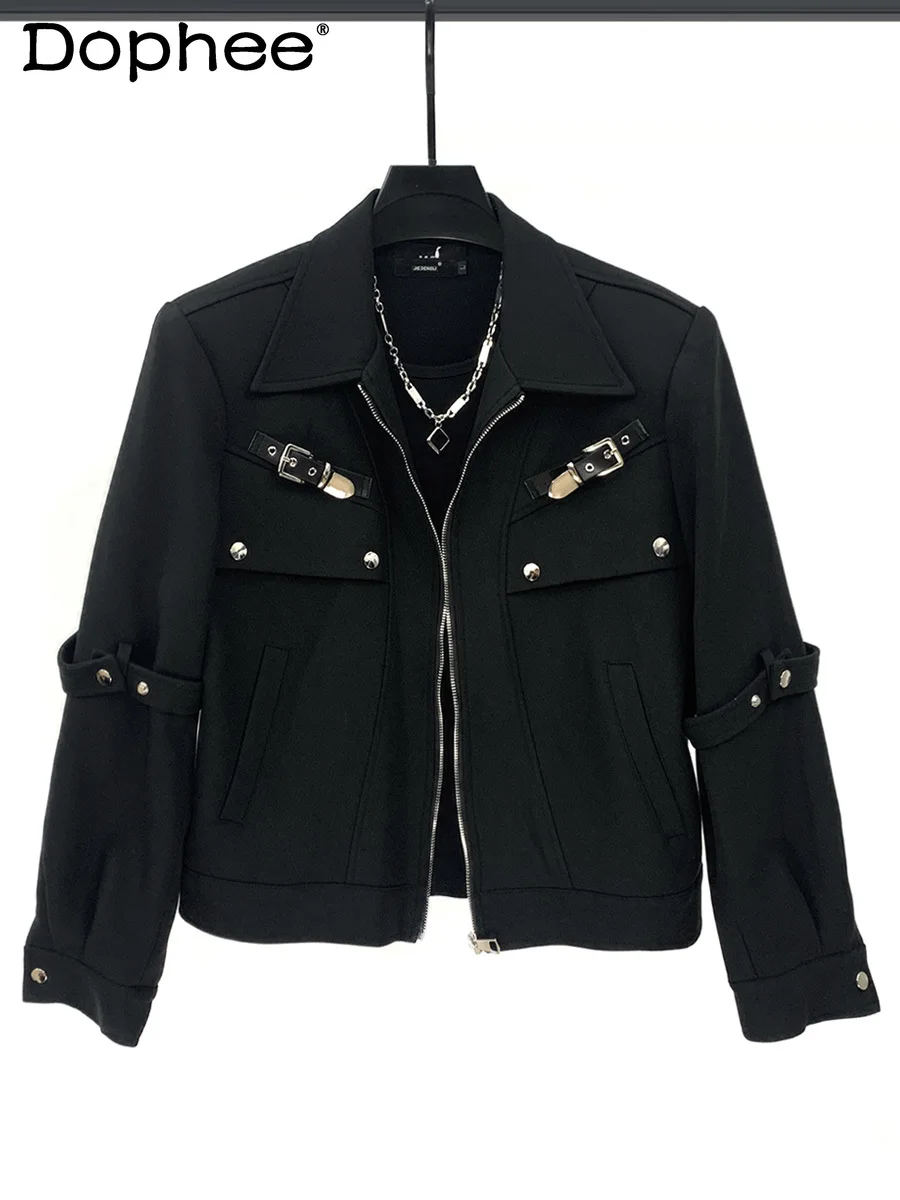 

Autumn Winter Trendy Metal Buckle Design Short Jacket Stylish Men's Personality Loose Casual Turn-Down Collar Long Sleeve Coat