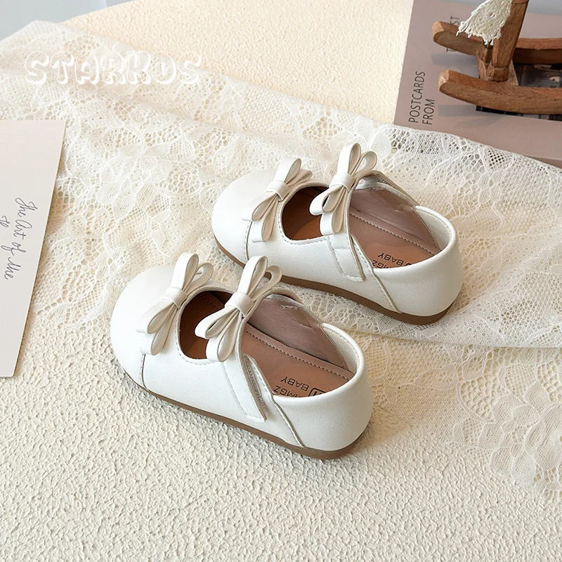 Leder-Bowknot-Mary-Jane-Schuhe für Kinder, Mädchen, niedliche Schleifen, Ballett, flach, für Babys, runde Zehen, weiche Sohle, solide, weiß, braun, Schule, Zapatos