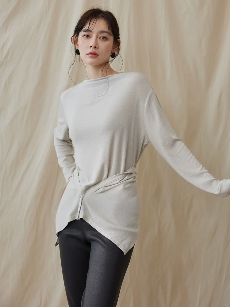 

Ownsong Early Autumn Wool Lyocell One-oulder Long Sve Women's T-irt Base irt ort Front Long Ba Slim Fit Loose Sle