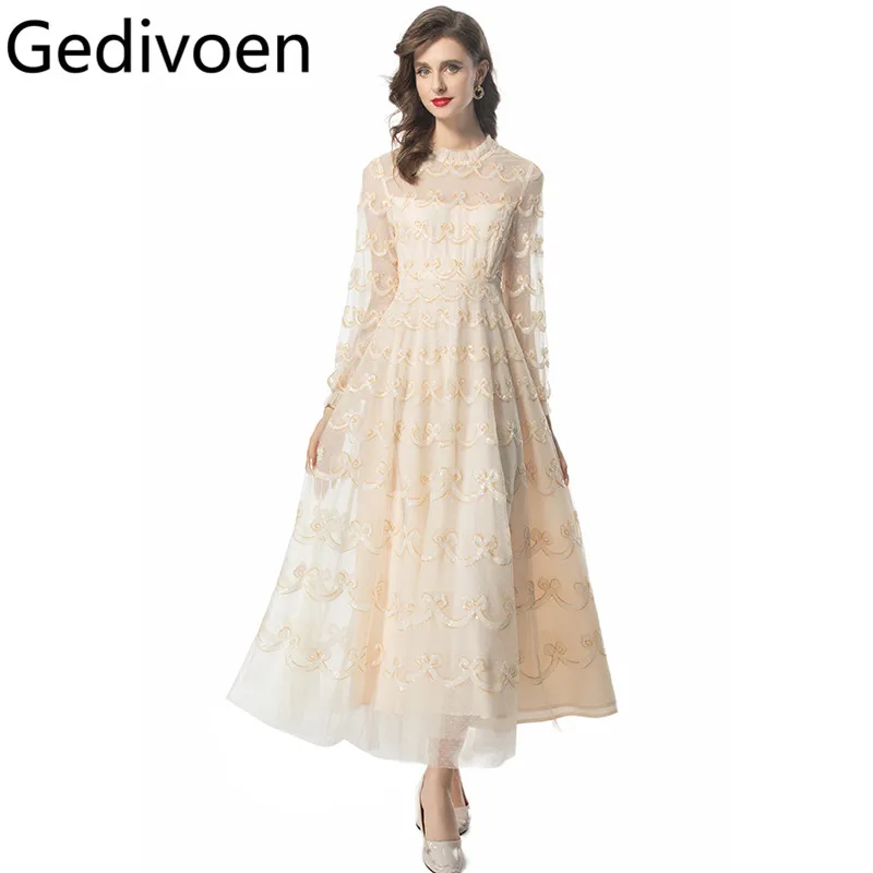 

Gedivoen Summer Fashion Runway Designer Dresses Women's Vintage Net Yarn Sequins Polka Dot Embroidery Elegant Princess Dresses