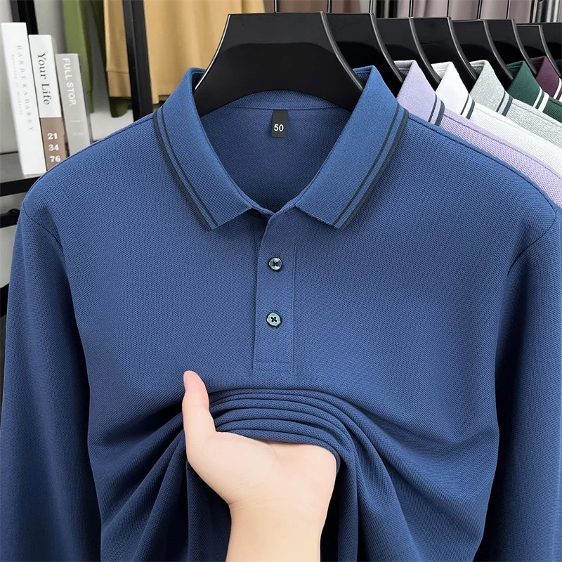 100% pure cotton high-quality long sleeve polo shirt men's autumn new style comfort casual luxury double striped lapel T-shirt