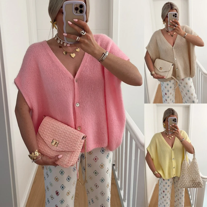

Casual Women Sweaters Cardigan Hollow Solid V Neck Single Breasted Elegant Short Sleeve Jumpers Streetwear Office Lady