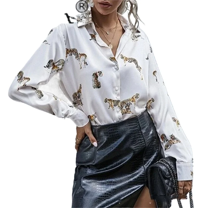 Eleganter Stil Tiger Print Shirt Damen Revers Langarm Einreiher Cardigan Tops Damen Pendler lose Bluse groß