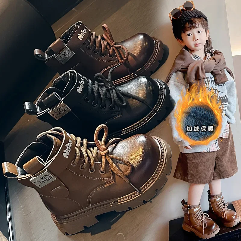 2024 Autumn Children's Leather Boots Fashion Retro Boys and Girls' Casual Short Boots Soft Soled Anti Slip Student Casual Shoes