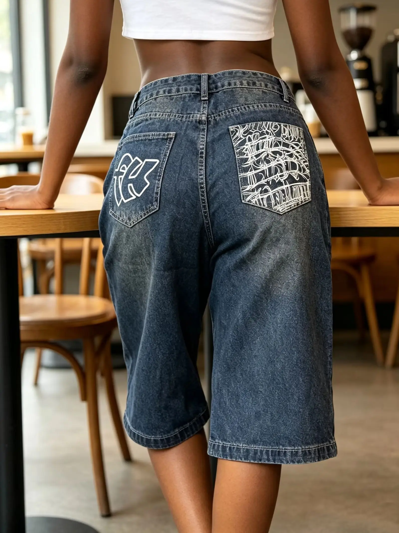 Summer American Retro Deep Indigo Distressed Denim Cropped Wide-Leg Pants for Women High-Waisted Loose Fit Slimming Denim Shorts with Back Pocket Print